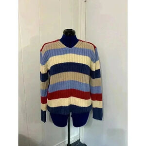 Liz Claiborne Lizwear Jeans V Neck Multicolor Striped Chunky Knit Sweater Large